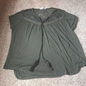 Army green short sleeve shirt with lace detailing